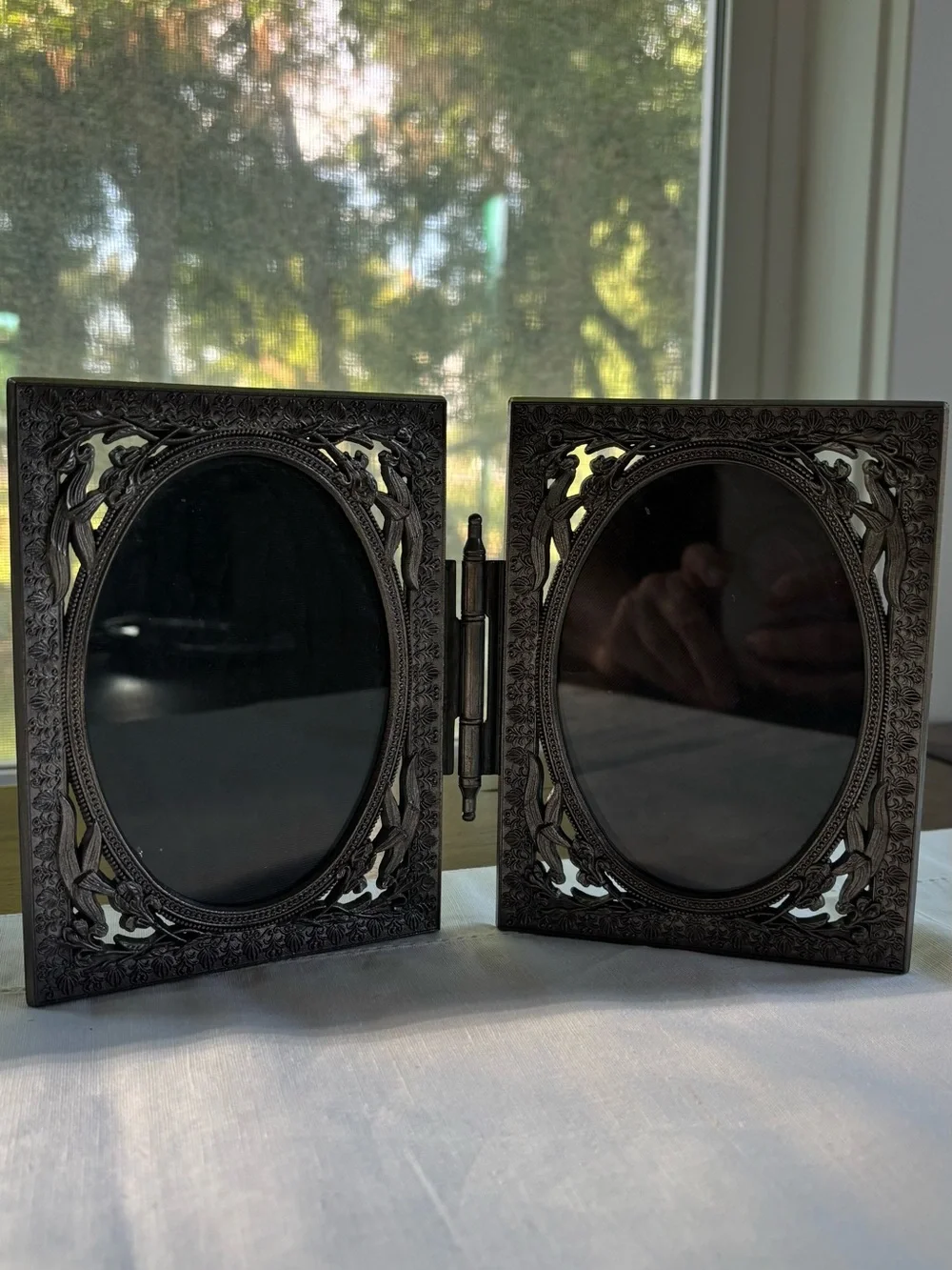 Ornate Hinged Oval Double Photo Frame in Dark Silver Tone